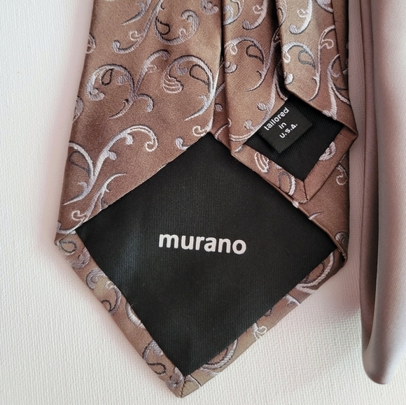 Murano Hand Tailored Silk Tie and Pocket Square Tan Gray - Picture 6 of 7